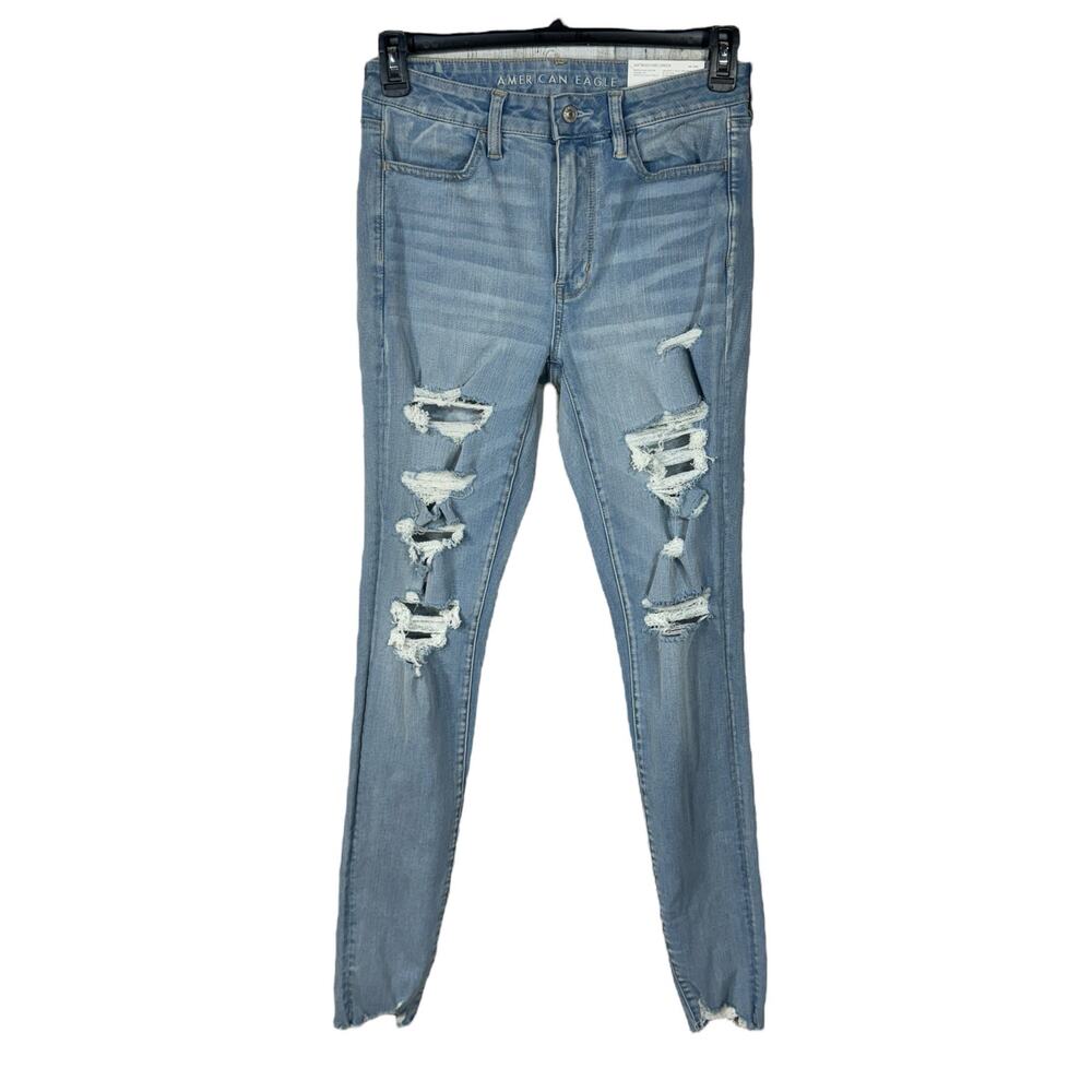 American Eagle SZ 8 X-Long Super Hi-Rise Jegging Jeans Distressed Stretch Zip